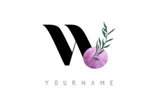 w-Brief-Logo-Design mit rosa Kreis und grünen Blättern. Vektorillustration mit botanischen Elementen. Naturvektor-Vorlagen-Design-Konzept mit w-Buchstaben. vektor