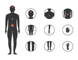 siluett av en man med olika kroppssmärtor. punkt av manlig kroppssmärta. skada ikonuppsättning. vektor