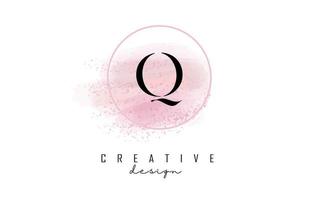 q-Brief-Logo-Design mit glitzernden runden Rahmen und rosa Aquarellhintergrund. vektor
