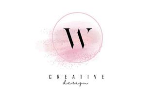w-Brief-Logo-Design mit glitzernden runden Rahmen und rosa Aquarellhintergrund. vektor