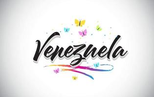 Venezuela handgeschriebener Vektorworttext mit Schmetterlingen und buntem Swoosh. vektor