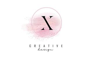 x-Brief-Logo-Design mit glitzernden runden Rahmen und rosa Aquarellhintergrund. vektor