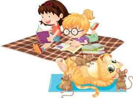 Kinder lesen ihre Bücher mit einer Katze, die mit Mäusen spielt vektor