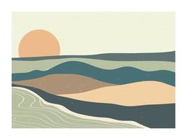 mitten av århundradet modern minimalistisk. abstrakt natur, hav, himmel, sol, flod, rock bergslandskap affisch. geometrisk landskap bakgrund i skandinavisk stil. vektor illustration