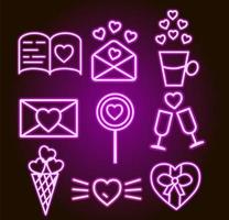 Satz von Neon-Valentinsgruß-Icons mit Herzen. Vektor