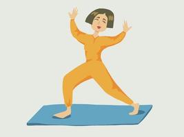 Vektor-Illustration der jungen Frau, die zu Hause trainiert. weiblicher Charakter. Yoga Matte. gelb, orange, blau. isoliert auf weißem Hintergrund. kaukasisch. Yoga, Entspannung, Bewegung vektor