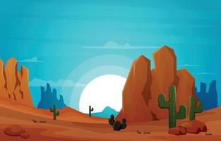 Sonnenaufgang Klippe Wüstenland Kaktus Reise Vektor flache Design Illustration