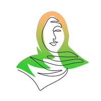 durchgehend eine einzige Linie orange-grüner Hijab-Frau vektor