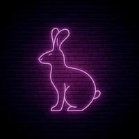 hare neonskylt. glödande violett kanin siluett på mörk tegelvägg bakgrund. vektor