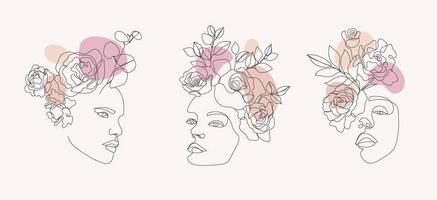 vektor uppsättning kvinnor ansikten, kroppar line art illustrationer, logotyper med blommor och blad, feminin natur koncept. använd för tryck, tatueringar, affischer, textil, logotyper, kort etc.