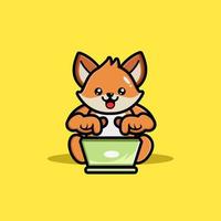 süßer Fuchs, der Laptop-Cartoon-Illustration betreibt vektor