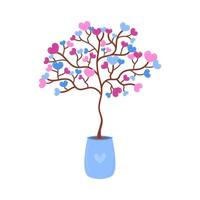 Liebesbaum im Topf isoliert. Valentinstag Hausbaum mit süßen Herzen auf Zweigen. rosa und blaue Farben. Vektor flache Objektillustration