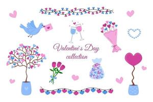 Valentinstag-Set von Design-Elementen isoliert. Vektor-Sammlung von rosa und blauen Liebe Cliparts auf weißem Hintergrund. Valentinstag flache Herzen, Blumen, Liebesbaum und Girlanden vektor