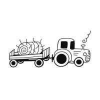 traktor med släp, hö i en rulle på en vit bakgrund. skördetid. doodle illustration för utskrift, gratulationskort, affischer, klistermärken, textil och säsongsbetonad design. vektor