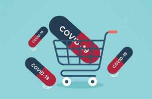 Geschäftsmann läuft mit Supermarktwagen und Medikamenten gegen Coronavirus oder Covid-19. Vektor-Illustration Cartoon-Design. vektor