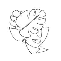 skönhet ansikte med löv linjeteckning konst minimalism stil. kvinna med och monstera blad. vektor design illustration eps10.
