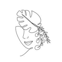 skönhet ansikte med löv linjeteckning konst minimalism stil. kvinna med och monstera blad. vektor design illustration eps10.