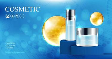 kosmetik- oder hautpflegeproduktanzeigen mit flasche und blauem hintergrund glitzernden lichteffekt. Vektorillustrationsdesign eps10. vektor