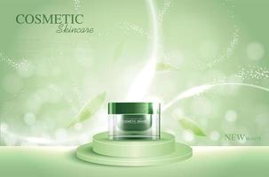 Kosmetik- oder Hautpflegegoldproduktanzeigen grüne Flasche und glitzernder Lichteffekt im Hintergrund. Vektor-Design. vektor