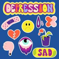 Set-Sticker der 70er-Jahre-Ästhetik. traurige aufkleber, die worte depression, traurig sind geschrieben. Sticker gebrochenes Herz, verwelkte Blume, Pillen, trauriges Smiley-Gesicht, müdes Auge, Tränen, Verband. vektor