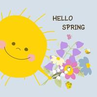 Gelbe süße Sonne mit Frühlingsblumen. Schmetterlinge und eine Biene fliegen. Cartoon-Stil-Vektor-Illustration. Handzeichnung. für Print, Webdesign. vektor