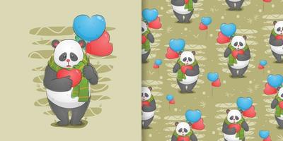 den ledsna pandan håller sin kärlek och två ballonger på handen i mönsteruppsättning vektor