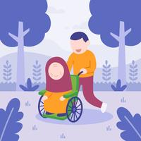 man hjälper sin mamma i rullstol. glad familj. platt vektor illustration.
