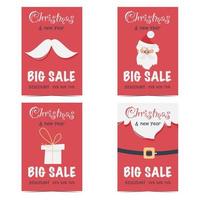 vinter jul och nyår stor försäljning affischer set. röda rabattbanderoller, reklamkuponger, reklammaterial med jultomten, presentask, mustasch och skägg. platt vektorillustration. vektor