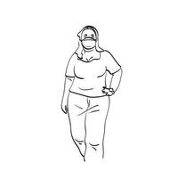 stående fet kvinna med medicinsk mask illustration vektor handritad isolerad på vit bakgrund linjekonst.
