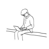 Strichzeichnungen Mann mit Brille am Laptop arbeiten im Freien Illustration Vektor Hand gezeichnet isoliert auf weißem Hintergrund