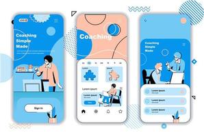 Onboarding-Bildschirme für das Coaching-Konzept für mobile App-Vorlagen. Unternehmensberater schult, instruiert und motiviert. ui, ux, gui-Benutzeroberflächen-Kit mit Personenszenen für das Webdesign. Vektor-Illustration vektor