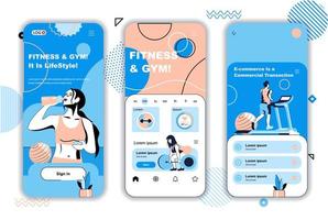 Onboarding-Bildschirme für Fitness- und Fitnesskonzepte für mobile App-Vorlagen. Sportler machen Sport und Trainingsaktivitäten. ui, ux, gui-Benutzeroberflächen-Kit mit Personenszenen für das Webdesign. Vektor-Illustration vektor