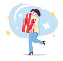 Frau, die Geschenke flaches Charakterkonzept für Webdesign gibt. junges Mädchen, das rote Geschenkboxen hält, Geschenke zum Feiern, moderne Menschenszene. Vektorillustration für Werbematerialien für soziale Medien. vektor