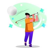 Golfspieler flaches Charakterkonzept für Webdesign. Glücklicher Mann trifft den Ball mit einem Club, Training oder Golfturnier, moderne Menschenszene. Vektorillustration für Werbematerialien für soziale Medien. vektor