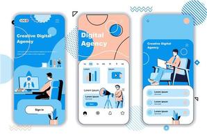 Onboarding-Bildschirme für digitale Agenturkonzepte für mobile App-Vorlagen. Online-Werbung, Marketing, Datenanalyse. ui, ux, gui-Benutzeroberflächen-Kit mit Personenszenen für das Webdesign. Vektor-Illustration vektor