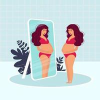 skönhet gravid kvinna utan kläder i underkläder står och tittar i spegeln. vektor illustration. hälsosam livsstil. gravid tjej.