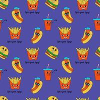Retro-Fast-Food-Maskottchen-Illustrationen. alte Zeichentrickfigur. nahtloses Muster mit Hot Dog, Burger, Soda und Pommes. vektor