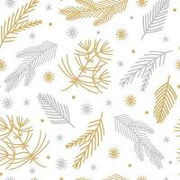 julgran grenar sömlös vektor mönster handritade. guld, silver kvistar av tall, gran, ceder på en vit bakgrund. graciösa snöflingor, barrträd. festlig mysig mall. säsongsbetonat koncept.