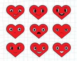 roliga tecknade hjärtan. ställ in alla hjärtans dag klistermärken i trendig retro tecknad stil. vektor