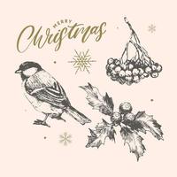 Weihnachtsskizze Vektor Stechpalme Beere, Weihnachtsbaum, Kiefer, Blätter Zweige, Feiertagsdekoration, Wintersymbole Vintage Natur Illustration