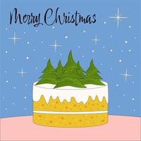 Karte mit einem Kuchen Weihnachtsbäume Schneefall auf blauem Hintergrund und einer Glückwunschaufschrift Mary Christmas vektor