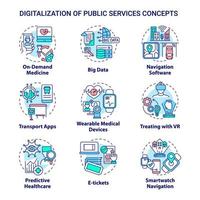 digitalisering av offentliga tjänster koncept ikoner set. digital modernisering som ger olika livssfärer idé tunn linje färgillustrationer. vektor isolerade konturritningar