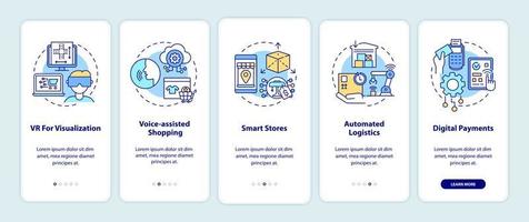 Digitalisierung des Einzelhandelsmarkt-Onboarding-Bildschirms für mobile Apps. Shopping Walkthrough 5 Schritte grafische Anweisungen mit Konzepten. ui, ux, gui-Vektorvorlage mit linearen Farbillustrationen vektor