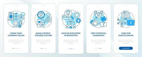 Top-Kunden anziehen blauer Onboarding-Seitenbildschirm für mobile Apps. Mitarbeiter jagen Walkthrough 5 Schritte grafische Anweisungen mit Konzepten. ui, ux, gui-Vektorvorlage mit linearen Farbillustrationen vektor