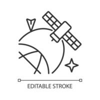 Satellitenposition im linearen Symbol des Weltraums. künstlicher Satellitenstatus, Zustandsinformationen. dünne Linie anpassbare Illustration. Kontursymbol. Vektor isolierte Umrisszeichnung. bearbeitbarer Strich