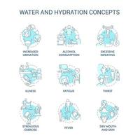 Wasser und Hydration blaue Konzeptsymbole gesetzt. Dehydrationssymptome. zusätzlicher Flüssigkeitsverbrauch. Wassergleichgewicht Idee dünne Linie Farbillustrationen. Vektor isolierte Umrisszeichnungen. bearbeitbarer Strich