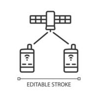 Lineares Symbol für Satellitentelefonie. weltweite Telekommunikationsnetzverbindung. dünne Linie anpassbare Illustration. Kontursymbol. Vektor isolierte Umrisszeichnung. bearbeitbarer Strich