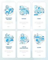 Wasserverbrauch blau Onboarding mobile App-Seitenbildschirm eingestellt. Dehydration Factors Walkthrough 3 Schritte grafische Anweisungen mit Konzepten. ui, ux, gui-Vektorvorlage mit linearen Farbillustrationen vektor