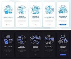 Gründe für den Konsum dunkler, heller Bildschirm beim Onboarding der mobilen App. exemplarische 5 Schritte grafische Anweisungen mit Konzepten. ui, ux, gui-Vektorvorlage mit linearen Nacht- und Tagmodus-Illustrationen vektor