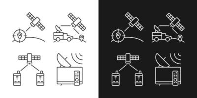Lineare Symbole für Kommunikationssatelliten für den dunklen und hellen Modus. weltweite Telekommunikationsnetzverbindung. anpassbare dünne Liniensymbole. isolierte Vektorgrafiken. bearbeitbarer Strich vektor